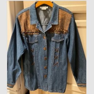 Vintage Nancy Bolen Women’s Denim Shirt Top Leather Look Western Size 16 XL / L